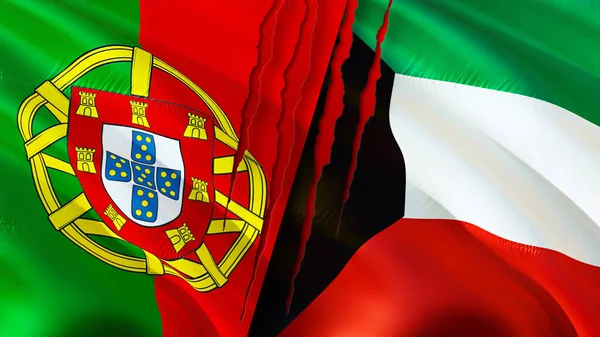 ポルトガルとクウェートの国旗には傷の概念がある 旗を振って3Dレンダリング ポルトガルとクウェートの紛争の概念 ポルトガルクウェート関係の概念 ポルトガルとクウェートの旗危機戦争攻撃コンプ — ストック写真