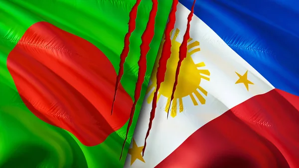 Bangladesh and Philippines flags with scar concept. Waving flag,3D rendering. Bangladesh and Philippines conflict concept. Bangladesh Philippines relations concept. flag of Bangladesh an