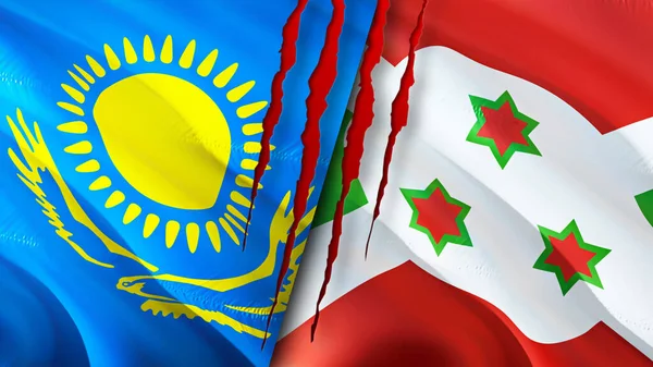 Kazakhstan and Burundi flags with scar concept. Waving flag,3D rendering. Kazakhstan and Burundi conflict concept. Kazakhstan Burundi relations concept. flag of Kazakhstan and Burundi crisis,war