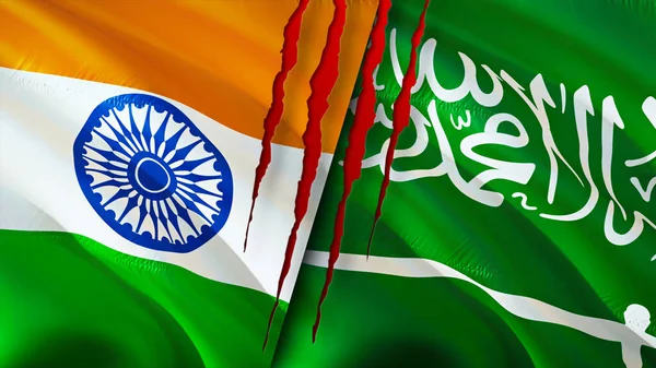 인도와 사우디 아라비아의 깃발에는 상처가 웨이브 플래그 렌더링 인도와 사우디아라비아간의 — 스톡 사진