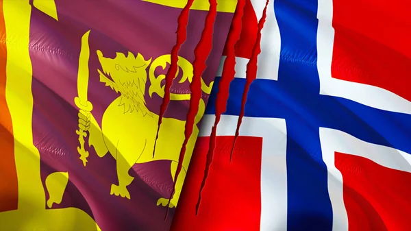 Sri Lanka and Norway flags with scar concept. Waving flag,3D rendering. Sri Lanka and Norway conflict concept. Sri Lanka Norway relations concept. flag of Sri Lanka and Norway crisis,war, attac
