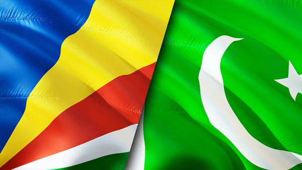 Seychelles and Pakistan flags. 3D Waving flag design. Seychelles Pakistan flag, picture, wallpaper. Seychelles vs Pakistan image,3D rendering. Seychelles Pakistan relations alliance an