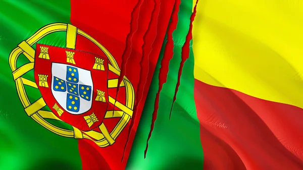ポルトガルとベナンは傷の概念でフラグを立てます 旗を振って3Dレンダリング ポルトガルとベナンの紛争の概念 ポルトガル ベナン関係の概念 ポルトガルとベナンの旗危機戦争攻撃コンプ — ストック写真