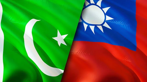 Pakistan and Taiwan flags. 3D Waving flag design. Pakistan Taiwan flag, picture, wallpaper. Pakistan vs Taiwan image,3D rendering. Pakistan Taiwan relations alliance and Trade,travel,tourism concep