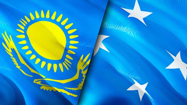 Σημαίες Καζακστάν Και Μικρονησίας Σχεδιασμός Τρισδιάστατης Κυματιστή Σημαίας Καζακστάν Σημαία — Φωτογραφία Αρχείου