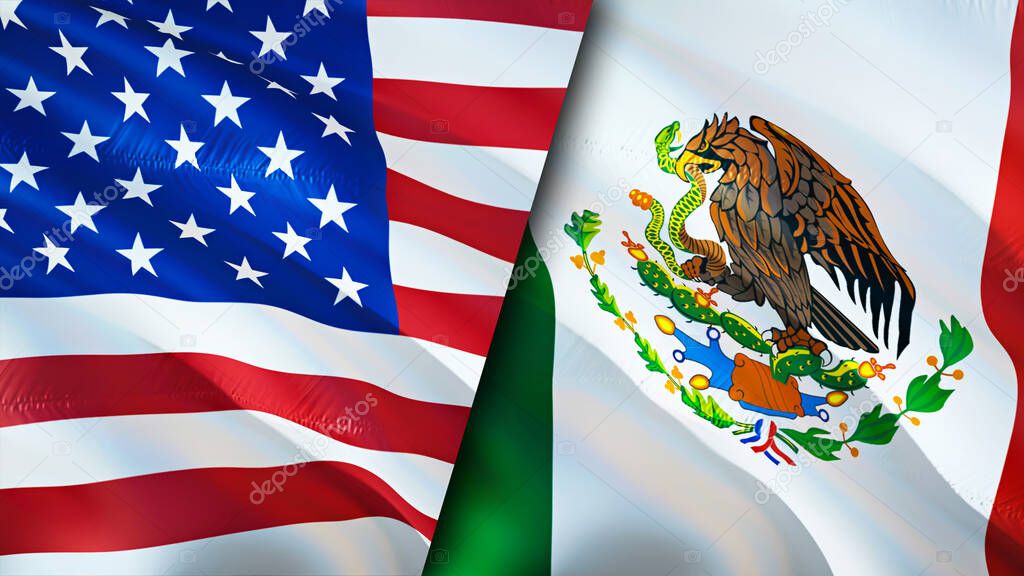 USA and Mexico flags. 3D Waving flag design. USA Mexico flag, picture, wallpaper. USA vs Mexico image,3D rendering. USA Mexico relations alliance and Trade,travel,tourism concep