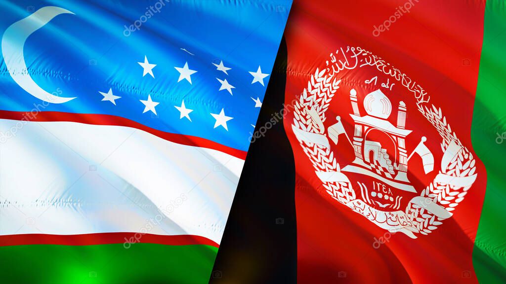 Uzbekistan and Afghanistan flags. 3D Waving flag design. Uzbekistan Afghanistan flag, picture, wallpaper. Uzbekistan vs Afghanistan image,3D rendering. Uzbekistan Afghanistan relations alliance an