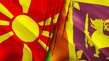 Yara izi kavramına sahip Kuzey Makedonya ve Sri Lanka bayrakları. Dalgalanan bayrak, 3 boyutlu görüntüleme. Kuzey Makedonya ve Sri Lanka ihtilaf kavramı. Kuzey Makedonya Sri Lanka ilişkileri kavramı. Kuzey Makedonların bayrağı