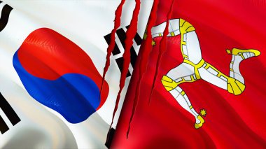 Güney Kore ve Man Adası yara izi olan bayraklar. Dalgalanan bayrak, 3 boyutlu görüntüleme. Güney Kore ve Man Adası çatışma konsepti. Güney Kore Erkek İlişkileri Adası konsepti. Güney Kore ve Isl bayrağı