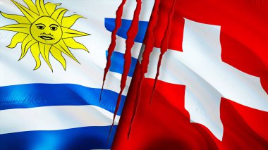 Yara izi olan Uruguay ve İsviçre bayrakları. Dalgalanan bayrak, 3 boyutlu görüntüleme. Uruguay ve İsviçre çatışma konsepti. Uruguay İsviçre ilişkileri kavramı. Uruguay ve İsviçre bayrağı