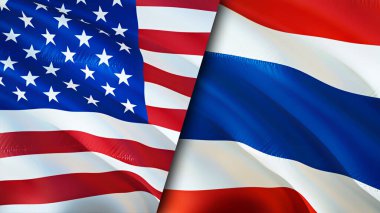 ABD ve Tayland bayrakları. 3 boyutlu dalgalanan bayrak tasarımı. ABD Tayland bayrağı, resim, duvar kağıdı. ABD, Tayland 'a karşı. Görüntü 3 boyutlu. ABD Tayland ilişkileri ittifak ve ticaret, seyahat, turizm konsepti