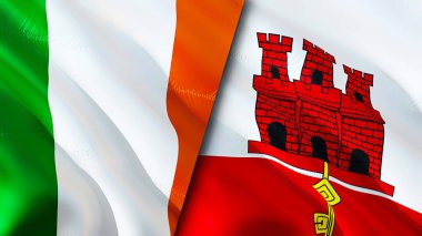 İrlanda ve Cebelitarık bayrakları. 3 boyutlu dalgalanan bayrak tasarımı. İrlanda Cebelitarık bayrağı, resim, duvar kağıdı. İrlanda, Cebelitarık 'a karşı, görüntü 3 boyutlu. İrlanda Cebelitarık ilişkileri savaş ittifakı kavramı. Ticaret.