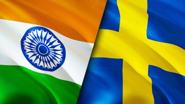 Hindistan ve İsveç bayrakları. 3 boyutlu dalgalanan bayrak tasarımı. Hindistan İsveç bayrağı, resim, duvar kağıdı. Hindistan, İsveç imajına karşı, 3 boyutlu canlandırma. Hindistan İsveç ilişkileri ittifak ve ticaret, seyahat, turizm konsepti
