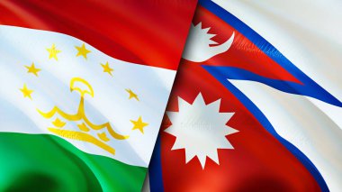 Tacikistan ve Nepal bayrakları. 3 boyutlu dalgalanan bayrak tasarımı. Tacikistan Nepal bayrağı, resim, duvar kağıdı. Tacikistan, Nepal imajına karşı, 3D görüntüleme. Tacikistan Nepal ilişkileri ittifak ve ticaret, seyahat, turnuva