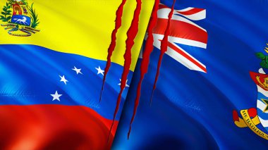 Venezuela ve Cayman Adaları yara izi olan bayraklar. Dalgalanan bayrak, 3 boyutlu görüntüleme. Venezuela ve Cayman Adaları çatışma konsepti. Venezuela Cayman Adaları ilişkileri kavramı. Venezuela bayrağı