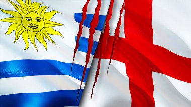 Yara izi olan Uruguay ve İngiltere bayrakları. Dalgalanan bayrak, 3 boyutlu görüntüleme. Uruguay ve İngiltere çatışma konsepti. Uruguay İngiltere ilişkileri kavramı. Uruguay bayrağı ve İngiltere krizi, savaş, saldırı konsepti