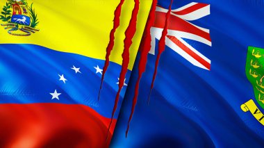 Venezuela ve Britanya Virjin Adaları yara izi olan bayraklar. Dalgalanan bayrak, 3 boyutlu görüntüleme. Venezuela ve Britanya Virjin Adaları çatışma konsepti. Venezuela Britanya Virjin Adaları ilişkileri kavramı