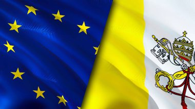 Avrupa Birliği ve Vatikan bayrakları. 3 boyutlu dalgalanan bayrak tasarımı. Avrupa Birliği Vatikan bayrağı, resim, duvar kağıdı. Avrupa Birliği, Vatikan imajına karşı, 3D görüntüleme. Avrupa Birliği Vatikan ilişkileri ittifakı