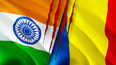 Hindistan ve Romanya yara izi kavramına sahip bayraklar. Dalgalanan bayrak, 3 boyutlu görüntüleme. Hindistan ve Romanya çatışma konsepti. Hindistan Romanya ilişkileri kavramı. Hindistan ve Romanya bayrağı krizi, savaş, saldırı konsepti