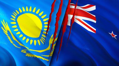 Yara izi olan Kazakistan ve Yeni Zelanda bayrakları. Dalgalanan bayrak, 3 boyutlu görüntüleme. Kazakistan ve Yeni Zelanda çatışma konsepti. Kazakistan Yeni Zelanda ilişkileri kavramı. Kazakistan ve Ne bayrağı