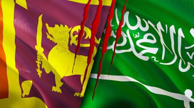 Yara izi olan Sri Lanka ve Suudi Arabistan bayrakları. Dalgalanan bayrak, 3 boyutlu görüntüleme. Sri Lanka ve Suudi Arabistan çatışma konsepti. Sri Lanka Suudi Arabistan ilişkileri kavramı. Sri Lanka ve Saud bayrağı