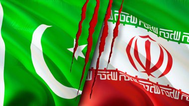 Yara izi olan Pakistan ve İran bayrakları. Dalgalanan bayrak, 3 boyutlu görüntüleme. Pakistan ve İran çatışma konsepti. Pakistan İran ilişkileri kavramı. Pakistan ve İran bayrağı krizi, savaş, saldırı konsepti