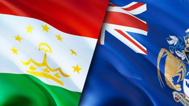 Tacikistan ve Tristan da Cunha bayrakları. 3 boyutlu dalgalanan bayrak tasarımı. Tacikistan Tristan da Cunha bayrağı, resim, duvar kağıdı. Tacikistan, Tristan da Cunha 'ya karşı. Görüntü 3 boyutlu. Tacikistan Tristan da Cunh