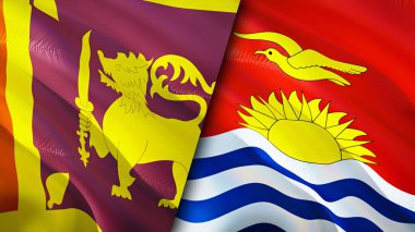 Sri Lanka ve Kiribati bayrakları. 3 boyutlu dalgalanan bayrak tasarımı. Sri Lanka Kiribati bayrağı, resim, duvar kağıdı. Sri Lanka, Kiribati 'ye karşı 3 boyutlu görüntü. Sri Lanka Kiribati ilişkileri
