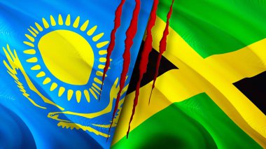 Yara izi olan Kazakistan ve Jamaika bayrakları. Dalgalanan bayrak, 3 boyutlu görüntüleme. Kazakistan ve Jamaika çatışma konsepti. Kazakistan Jamaika ilişkileri kavramı. Kazakistan bayrağı ve Jamaika krizi, savaş