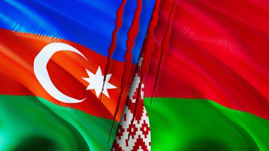 Yara izi olan Azerbaycan ve Belarus bayrakları. Dalgalanan bayrak, 3 boyutlu görüntüleme. Azerbaycan ve Belarus çatışma konsepti. Azerbaycan Belarus ilişkileri kavramı. Azerbaycan bayrağı ve Belarus krizi, savaş