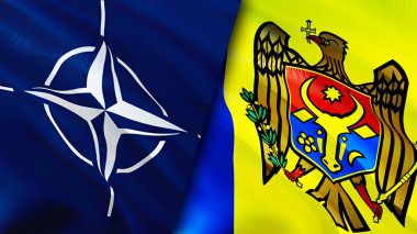 NATO ve Moldova bayrakları. 3 boyutlu dalgalanan bayrak tasarımı. Moldova NATO bayrağı, resim, duvar kağıdı. NATO, Moldova 'ya karşı, görüntü 3D. NATO Moldova ilişkileri ittifak ve ticaret, seyahat, turizm consepti