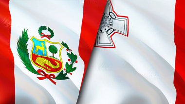 Peru ve Malta bayrakları. 3 boyutlu dalgalanan bayrak tasarımı. Peru Malta bayrağı, resim, duvar kağıdı. Peru, Malta 'ya karşı, görüntü 3 boyutlu. Peru Malta ilişkileri ittifak ve ticaret, seyahat, turizm konsepti
