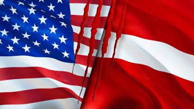 ABD ve Letonya yara izi konseptli bayraklar. Dalgalanan bayrak, 3 boyutlu görüntüleme. ABD ve Letonya çatışma konsepti. ABD Letonya ilişkileri kavramı. ABD ve Letonya bayrağı krizi, savaş, saldırı konsepti