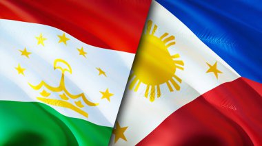 Tacikistan ve Filipinler bayrakları. 3 boyutlu dalgalanan bayrak tasarımı. Tacikistan Filipinler bayrağı, resim, duvar kağıdı. Tacikistan Filipinler 'e karşı, görüntü 3 boyutlu. Tacikistan Filipinler İttifakı
