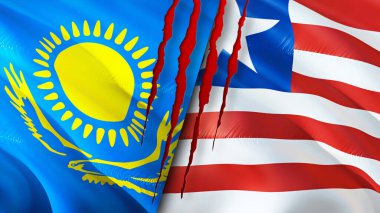 Kazakistan ve Liberya bayraklarında yara izi var. Dalgalanan bayrak, 3 boyutlu görüntüleme. Kazakistan ve Liberya çatışma konsepti. Kazakistan Liberya ilişkileri kavramı. Kazakistan bayrağı ve Liberya krizi, savaş
