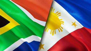 Güney Afrika ve Filipinler bayrakları. 3 boyutlu dalgalanan bayrak tasarımı. Güney Afrika Filipinleri bayrağı, resim, duvar kağıdı. Güney Afrika, Filipinler 'e karşı, görüntü 3 boyutlu. Güney Afrika Filipinler ilişkileri