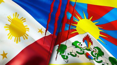 Yara izi olan Filipinler ve Tibet bayrakları. Dalgalanan bayrak, 3 boyutlu görüntüleme. Filipinler ve Tibet çatışması konsepti. Filipinler, Tibet ilişkileri kavramı. Filipinler bayrağı ve Tibet krizi, savaş, attac