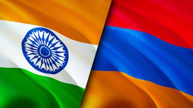 Hindistan ve Ermenistan bayrakları. 3 boyutlu dalgalanan bayrak tasarımı. Hindistan Ermenistan bayrağı, resim, duvar kağıdı. Hindistan, Ermenistan imajına karşı, 3D görüntüleme. Hindistan Ermenistan ilişkileri ittifak ve ticaret, seyahat, turizm konsepti