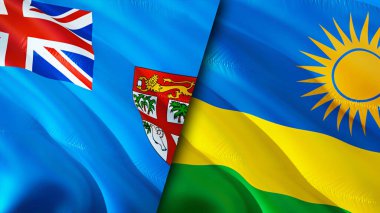 Fiji ve Ruanda bayrakları. 3 boyutlu dalgalanan bayrak tasarımı. Fiji Ruanda bayrağı, resim, duvar kağıdı. Fiji, Ruanda 'ya karşı, görüntü 3 boyutlu. Fiji Ruanda ilişkileri ittifak ve ticaret, seyahat, turizm konsepti