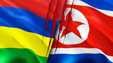 Mauritius ve Kuzey Kore bayraklarında yara izi var. Dalgalanan bayrak, 3 boyutlu görüntüleme. Mauritius ve Kuzey Kore çatışma konsepti. Mauritius Kuzey Kore ilişkileri kavramı. Mauritius ve Kuzey Kore bayrağı