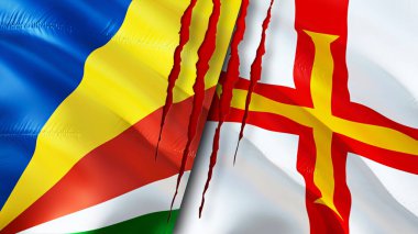 Yara izi olan Seyşeller ve Guernsey bayrakları. Dalgalanan bayrak, 3 boyutlu görüntüleme. Seyşeller ve Guernsey çatışma konsepti. Seyşeller Guernsey ilişkileri konsepti. Seyşeller ve Guernse bayrağı