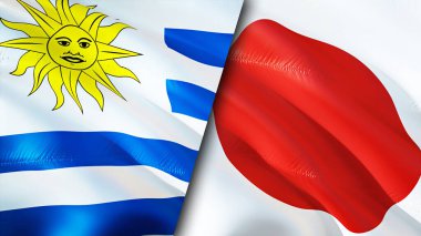 Uruguay ve Japonya bayrakları. 3 boyutlu dalgalanan bayrak tasarımı. Uruguay Japonya bayrağı, resim, duvar kağıdı. Uruguay, Japonya 'nın imajına karşı, 3 boyutlu canlandırma. Uruguay Japonya ilişkileri ittifak ve ticaret, seyahat, turizm konsepti