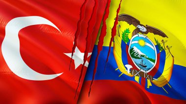 Hindi ve Ekvador bayraklarında yara izi var. Dalgalanan bayrak, 3 boyutlu görüntüleme. Türkiye ve Ekvador çatışması kavramı. Türkiye Ekvador ilişkileri kavramı. Türkiye bayrağı ve Ekvador krizi, savaş, saldırı konsepti