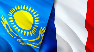 Kazakistan ve Fransa bayrakları. 3 boyutlu dalgalanan bayrak tasarımı. Kazakistan Fransa bayrağı, resim, duvar kağıdı. Kazakistan, Fransa 'ya karşı, görüntü 3D. Kazakistan Fransa ilişkileri ittifak ve ticaret, seyahat, turnuva