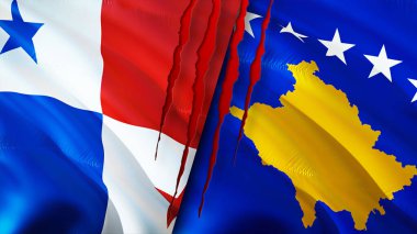 Panama ve Kosova yara izi kavramına sahip bayraklar. Dalgalanan bayrak, 3 boyutlu görüntüleme. Panama ve Kosova ihtilaf kavramı. Panama Kosova ilişkileri kavramı. Panama bayrağı ve Kosova krizi, savaş, saldırı konsepti