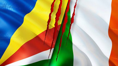 Yara izi olan Seyşeller ve İrlanda bayrakları. Dalgalanan bayrak, 3 boyutlu görüntüleme. Seyşeller ve İrlanda çatışma konsepti. Seyşeller İrlanda ilişkileri kavramı. Seyşel bayrağı ve İrlanda krizi, savaş
