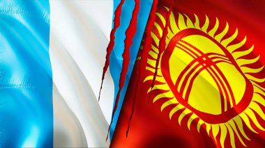 Guatemala ve Kırgızistan bayrakları yara izi konseptiyle. 3D bayrak sallama. Guatemala ve Kırgızistan çatışma konsepti. Guatemala Kırgızistan ilişkileri kavramı. Guatemala ve Kırgızistan bayrağı