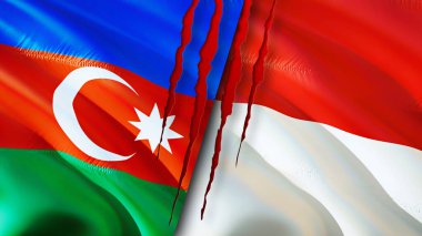 Yara izi olan Azerbaycan ve Endonezya bayrakları. Dalgalanan bayrak, 3 boyutlu görüntüleme. Azerbaycan ve Endonezya çatışma konsepti. Azerbaycan Endonezya ilişkileri kavramı. Azerbaycan ve Endonesi bayrağı