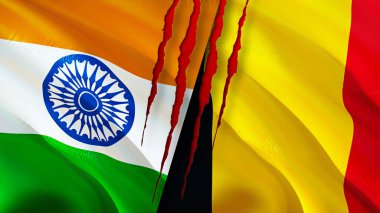 Yara izi olan Hindistan ve Belçika bayrakları. Dalgalanan bayrak, 3 boyutlu görüntüleme. Hindistan ve Belçika çatışma konsepti. Hindistan Belçika ilişkileri kavramı. Hindistan ve Belçika bayrağı krizi, savaş, saldırı konsepti