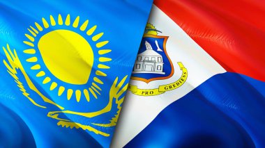Kazakistan ve Sint Maarten bayrakları. 3 boyutlu dalgalanan bayrak tasarımı. Kazakistan Sint Maarten bayrağı, resim, duvar kağıdı. Kazakistan, Sint Maarten 'e karşı 3 boyutlu görüntü. Kazakistan Sint Maarten ilişkileri ittifak